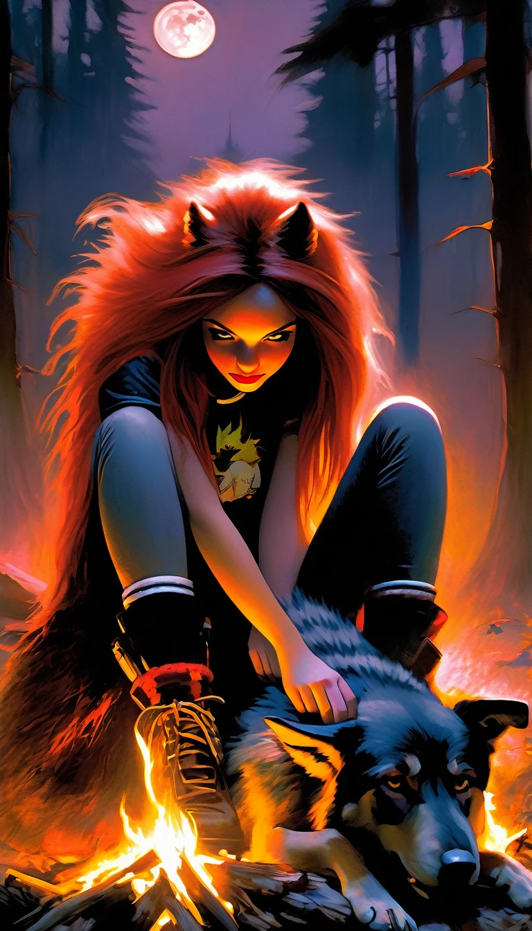 girl and her pet wolf, sexy girl, long red hair, punk look, plaid miniskirt, rope belt, tight t-shirt, sitting next to a bonfire, magic, fantastic, night sky, moon, stars, background, in a thick jungle, oil painting, chiaroscuro, lighting sensual and dramatic, moody atmosphere, dark and melancholic, expressionistic, powerful composition, emotional impact, art inspired by Bill Sienkiewicz