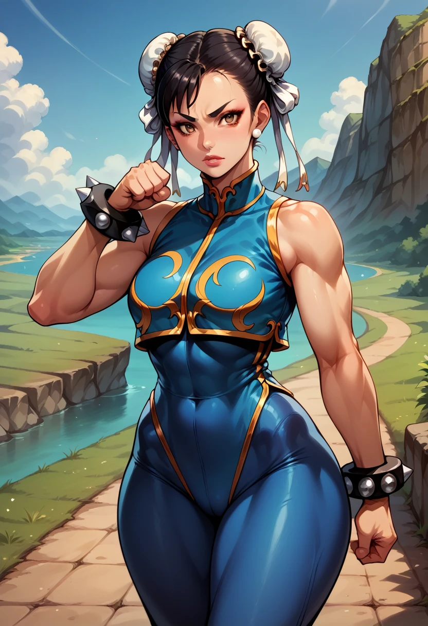 score_9, score_8_up, score_7_up, BREAK, score_9, 1girl, chun-li (\street fighter)\, black hair, brown eyes, makeup, eyelashes, short hair, breasts, looking at viewer, hand on fist, lips, alpha_costume, blue bodysuit, blue leotard, blue vest, sleeveless, cowboy shot, landscape, street