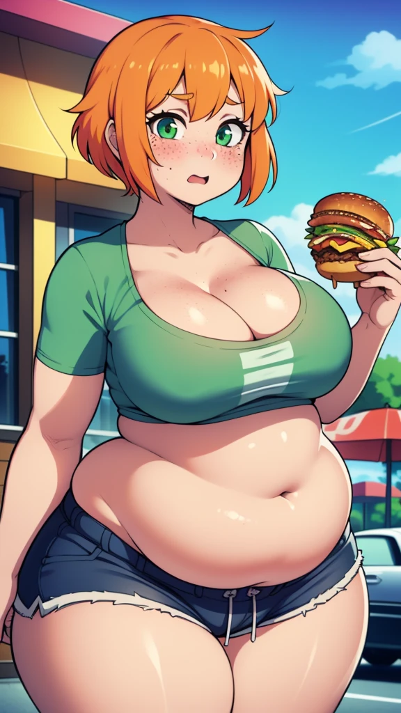 ((highres)), Masterpiece, high quality, best quality, beautiful, perfect lighting, detailed face, ultra cute face, (((1girl))), ((solo)), blush, orange hair, green eyes, freckles, crop top and shorts, fast food restaurant, cleavage, large breasts, ((wide hips)), ((thick thighs)), ((plump)), chubby belly, fat folds, belly hang, standing