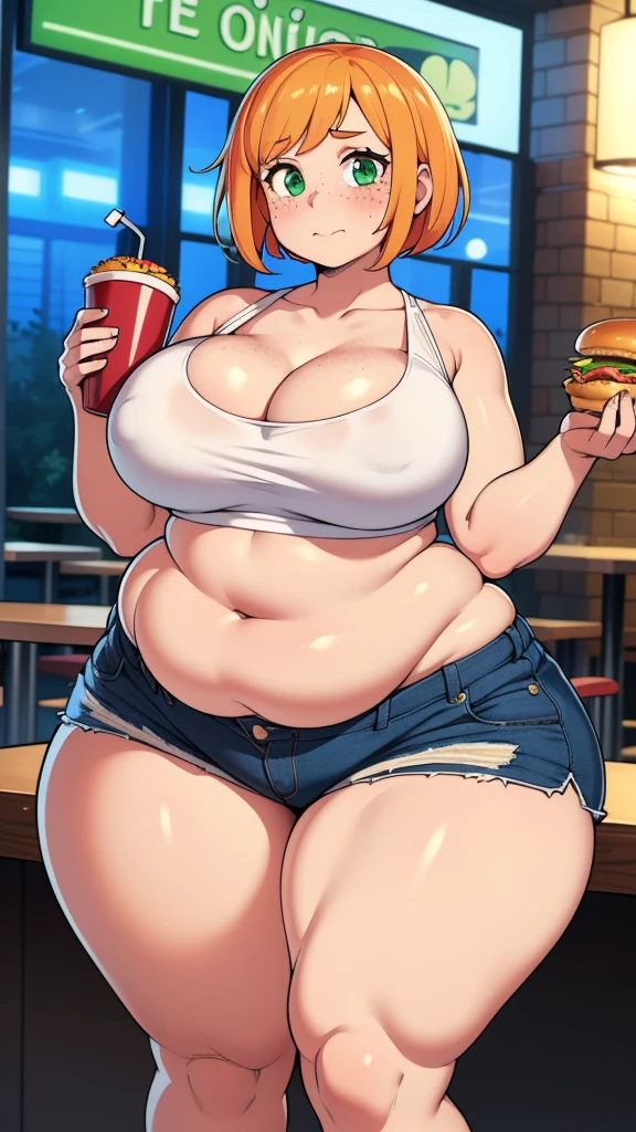 ((highres)), Masterpiece, high quality, best quality, beautiful, perfect lighting, detailed face, ultra cute face, (((1girl))), ((solo)), blush, orange hair, green eyes, freckles, crop top and shorts, fast food restaurant, cleavage, large breasts, ((wide hips)), ((thick thighs)), ((plump)), chubby belly, fat folds, belly hang, standing