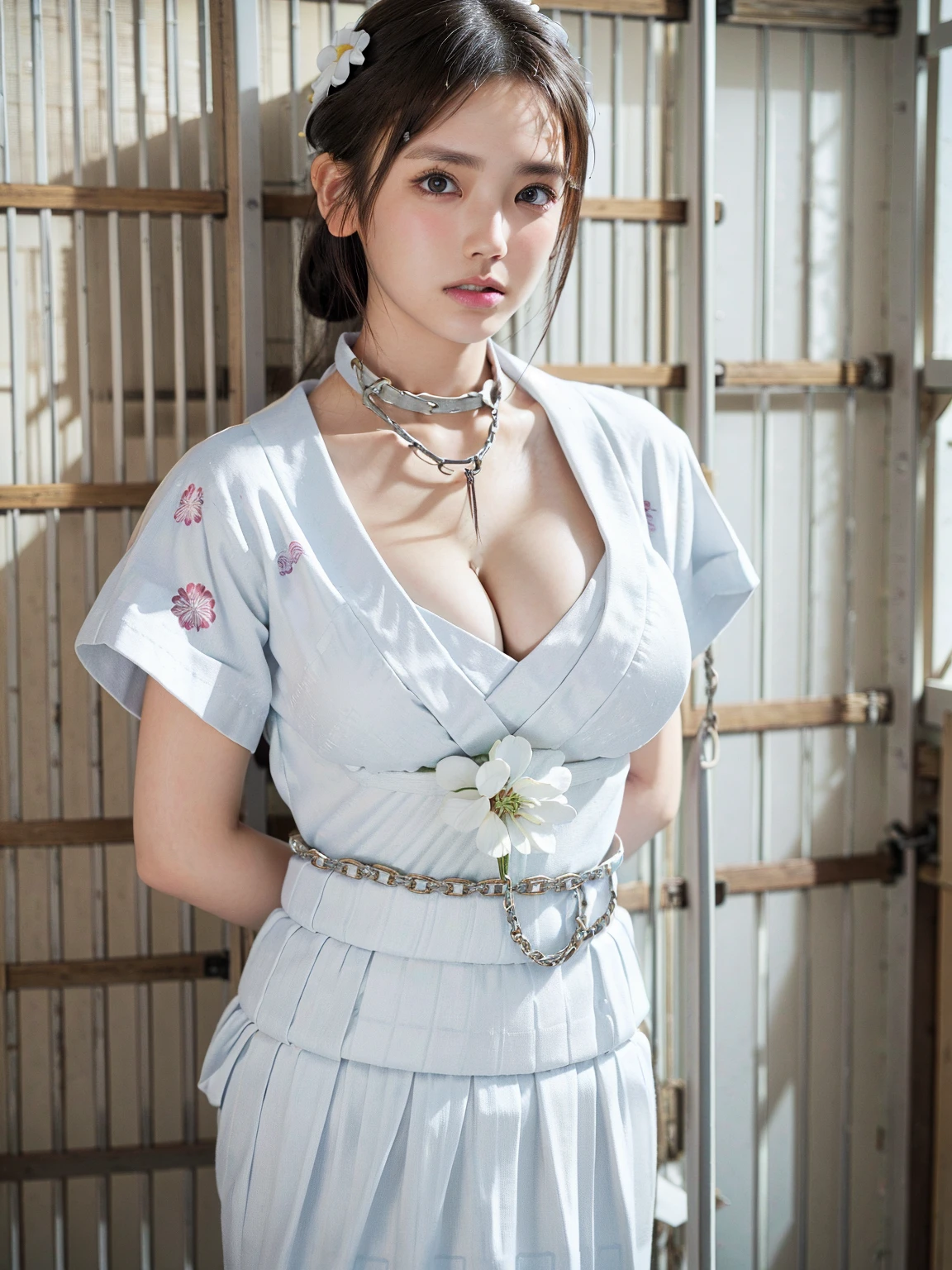 (41k4:0.72), (aika-sawaguchi:0.6), masterpiece, Best Quality, 8K, Raw photo, top-notch quality, masterpiece, (wearing a short (white:1.5) yukata with a flower pattern:1.7), (exceptionally detailed RAW color photo, professional-grade photograph), (facing viewer:1.5), (BDSM:1.7), (bondage:1.8), (shackled:2.2), (chained:1.9), (slave:1.9), (wearing slave collar:1.6), (looking at viewer:1.4), (Realistic, Photorealistic:1.37), (highly detailed skin:1.2), Ultra-high resolution, (lens 50mm), (masterpiece, top-quality:1.3), (hyper realistic:1.35), (Photorealistic:1.45), (Realistic:1.4), ((solo)), (1 pretty Japanese girl), 21 years old, Japanese idol, supermodel, pale skin, (slim:1.3), (slim body:1.25), (slender body:1.25), (narrow waist:1.35), pretty face, (large breasts:1.15), (deep cleavage:1.4)