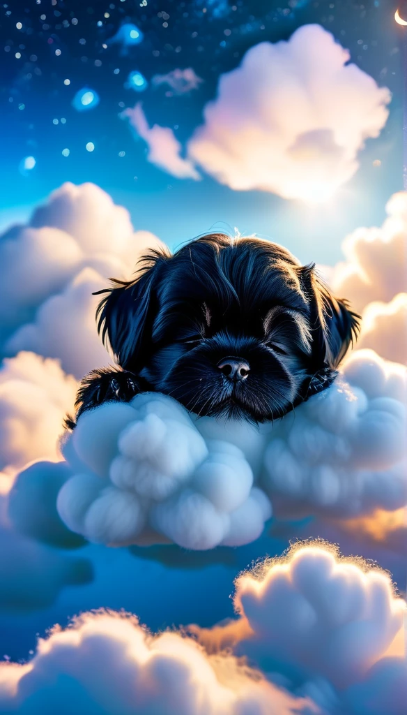 ((perfect face)), ((best quality)),UHD, 4k, Wallpaper, high quality photography, portrait of adorable black shih tzu puppy sleeping on cloud ADDCOMM night sky, blue sky ADDROW sleeping black shih tzu puppy, tusun, 3D Pixar style, tusuncub ADDROW Soft clouds, (white cloud:1.6)