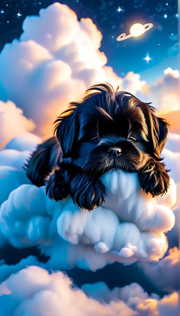 ((perfect face)), ((best quality)),UHD, 4k, Wallpaper, high quality photography, portrait of adorable black shih tzu puppy sleeping on cloud ADDCOMM night sky, blue sky ADDROW sleeping black shih tzu puppy, tusun, 3D Pixar style, tusuncub ADDROW Soft clouds, (white cloud:1.6)