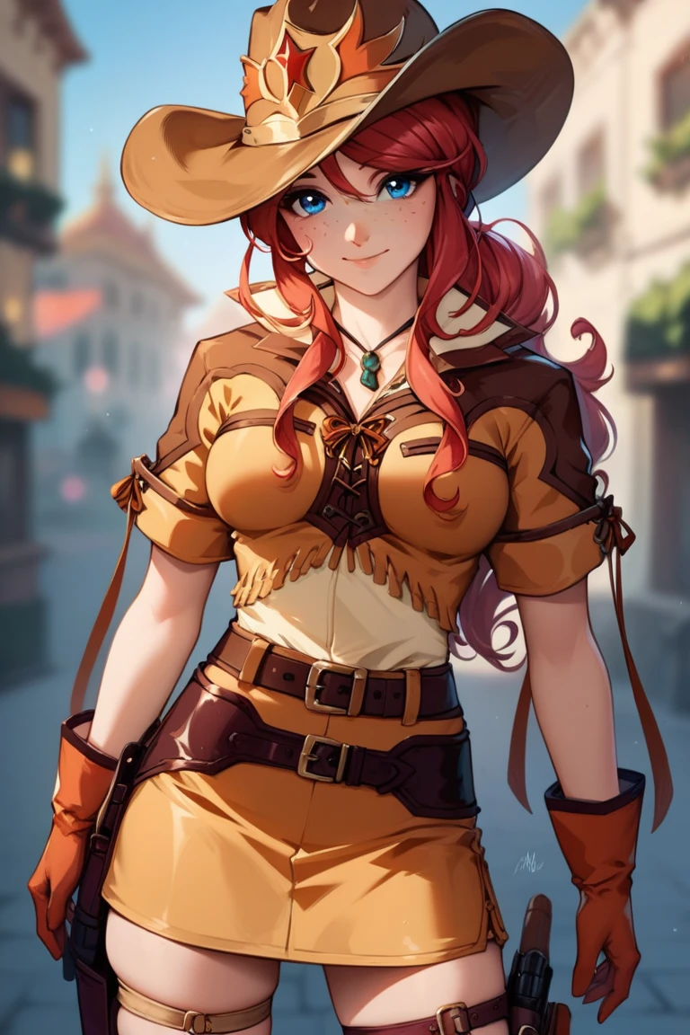 score_9, score_8_up, score_7_up, very aesthetic, source_anime, detailed, high quality, beautiful, masterpiece, detailed eyes,
cityscape, blurry background,
cowboy shot, upper body, light smile, mouth closed, 
gemini sunrise, red hair, long hair, blue eyes, freckles, sidelocks, big breasts,
belt, thigh strap, cowboy hat, cowboy boots, fringe trim, gloves, miniskirt,  short sleeves,, zPDXL