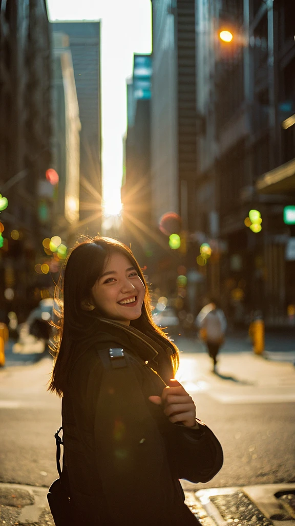 1 girl, 20 years old, (laughing:0.7), posing, look at a camera, complex city background, backlit, (cinematic:1.5), epic realistic, hyperdetailed, insane details, intricate details, accent lighting, soft volumetric light, bokeh, (dramatic light:1.2), (neutral colors:1.3), cross process