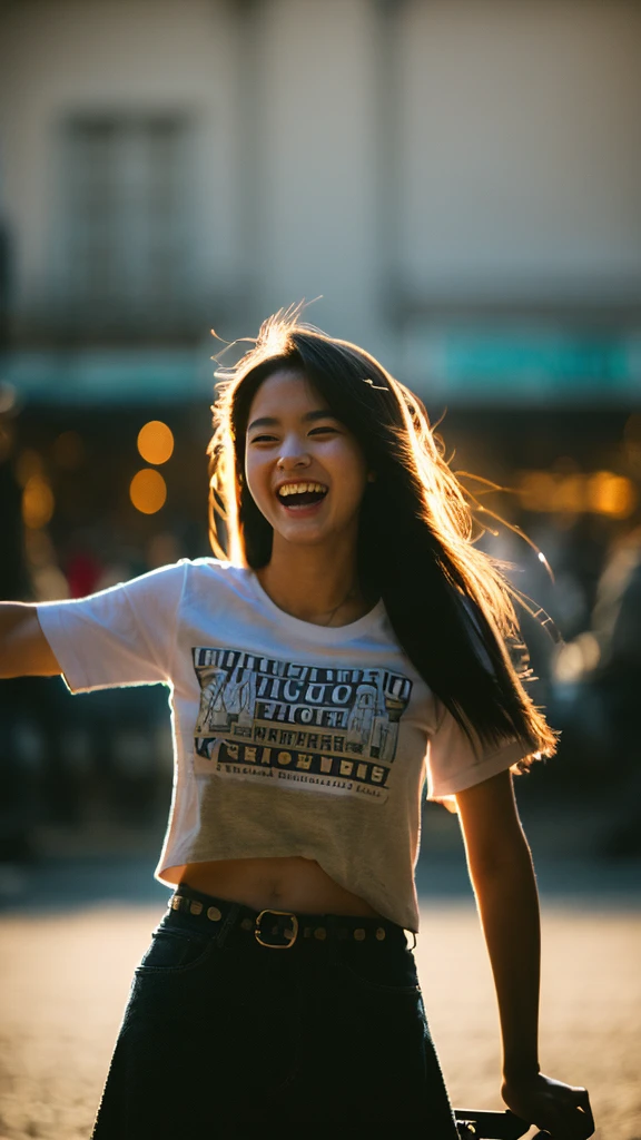 1 girl, 20 years old, (laughing:0.7), posing, look at a camera, complex city background, backlit, (cinematic:1.5), epic realistic, hyperdetailed, insane details, intricate details, accent lighting, soft volumetric light, bokeh, (dramatic light:1.2), (neutral colors:1.3), cross process