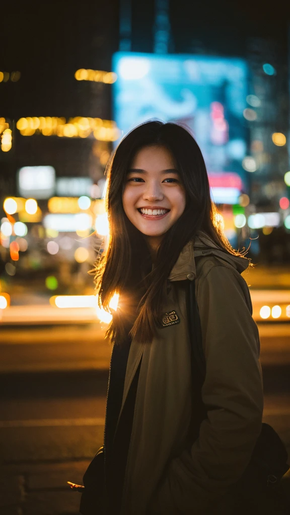 1 girl, 20 years old, (laughing:0.7), posing, look at a camera, complex city background, backlit, (cinematic:1.5), epic realistic, hyperdetailed, insane details, intricate details, accent lighting, soft volumetric light, bokeh, (dramatic light:1.2), (neutral colors:1.3), cross process