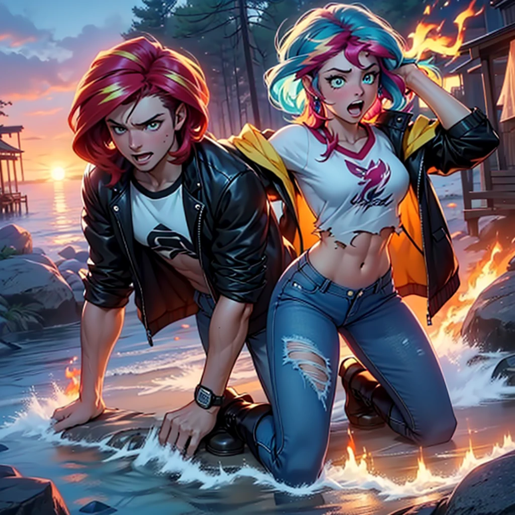 score_9, score_8_up, score_7_up, score_6_up, score_5_up, score_4_up, (Sunset Shimmer from equestria girls), (1girl), movie accurate equestria girls, detailed, athletic, healthy, beautiful, female, full body, athletic, hair made of fire, surrounded by fire, glowing teal eyes, kneeling, screaming, glowing, glowing eyes, agony, despair, anguish, black lesther jacket, teal crop top, abs, torn blue jeans, tight jeans, black buckled boots,