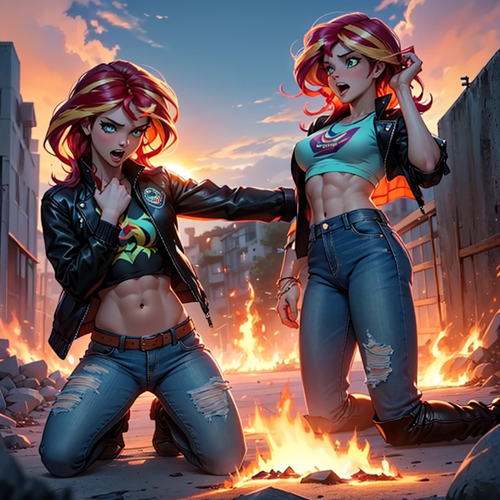 score_9, score_8_up, score_7_up, score_6_up, score_5_up, score_4_up, (Sunset Shimmer from equestria girls), (1girl), movie accurate equestria girls, detailed, athletic, healthy, beautiful, female, full body, athletic, hair made of fire, surrounded by fire, glowing teal eyes, kneeling, screaming, glowing, glowing eyes, agony, despair, anguish, black lesther jacket, teal crop top, abs, torn blue jeans, tight jeans, black buckled boots, 