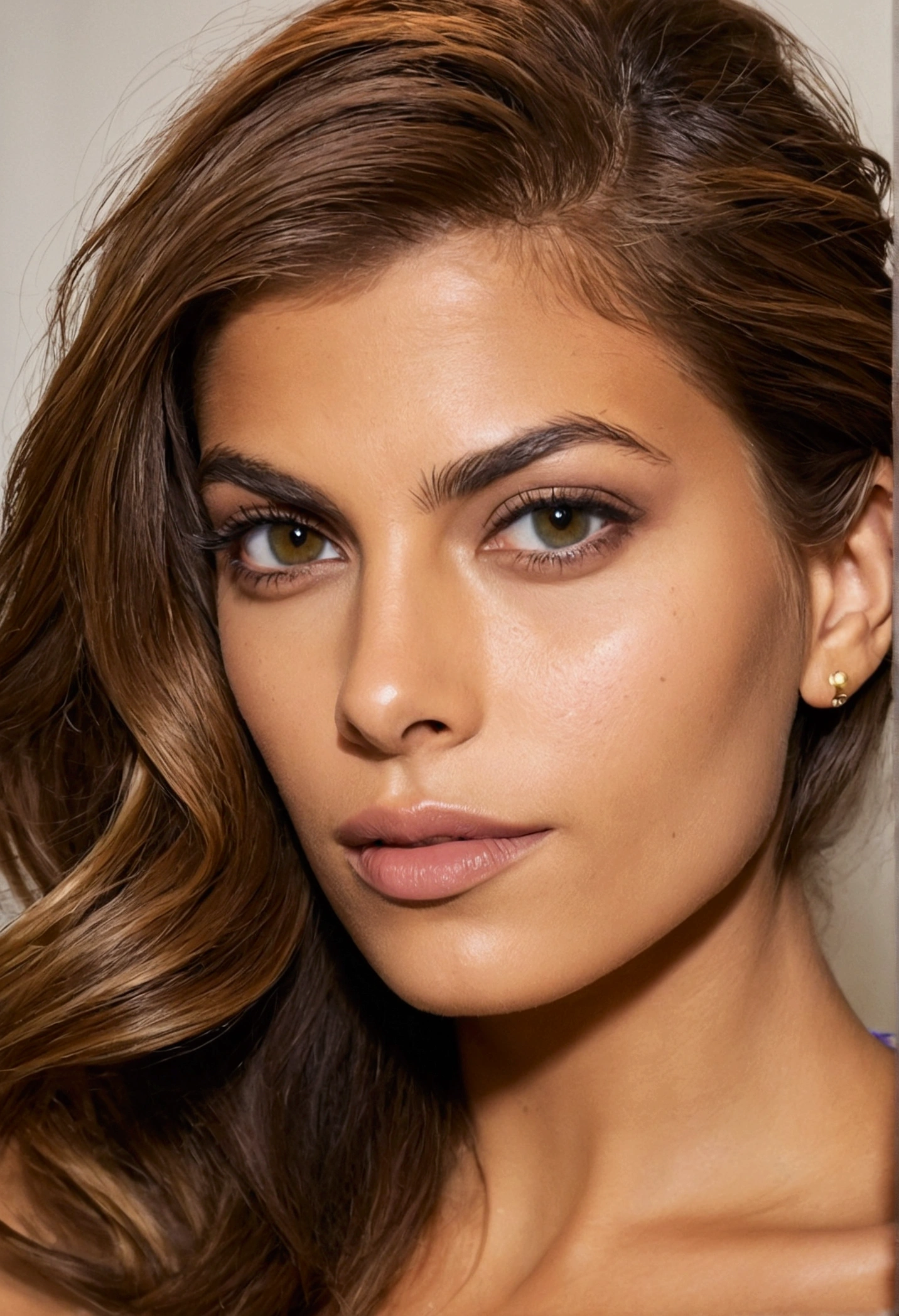 ((half body)) 3/4 portrait photo of a beautiful 25 years european woman, (extra long (((curly)))) brown hair), Award - winning photograph, Masterpiece, 8k, ultra high res, hyper detailed, beautiful woman, perfect face, rule of thirds, Realistic Perfect eyes and pupils, Perfect full lips, upturned nose, highly detailed shining hair, ((detailed face)), ((detailed facial features)), (finely detailed skin), tanned skin, skin pores, skin blemishes, realistic skin texture, intricate details, photorealism, hyperrealism, ultra realistic, lifelike textures, neutral colors, cinematic lighting, dramatic lighting, backlight on hair, sharp focus, wide angle, film grain, dslr, raw photo,
