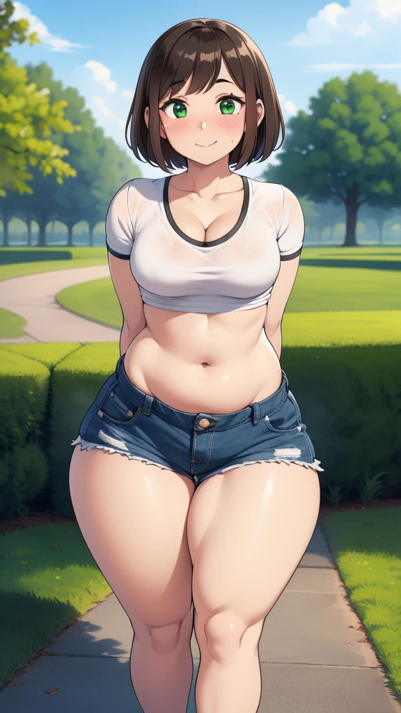 ((highres)), Masterpiece, high quality, best quality, beautiful, perfect lighting, detailed face, ultra cute face, ((1girl)), ((solo), short fluffy brown hair, green eyes, ((blush)), sweet smile, looking at viewer, arms behind back, standing in a park, (park), daytime, crop top, shorts, (((thick thighs))), (wide hips), cleavage, (small breasts), chubby, 20 year old female,
