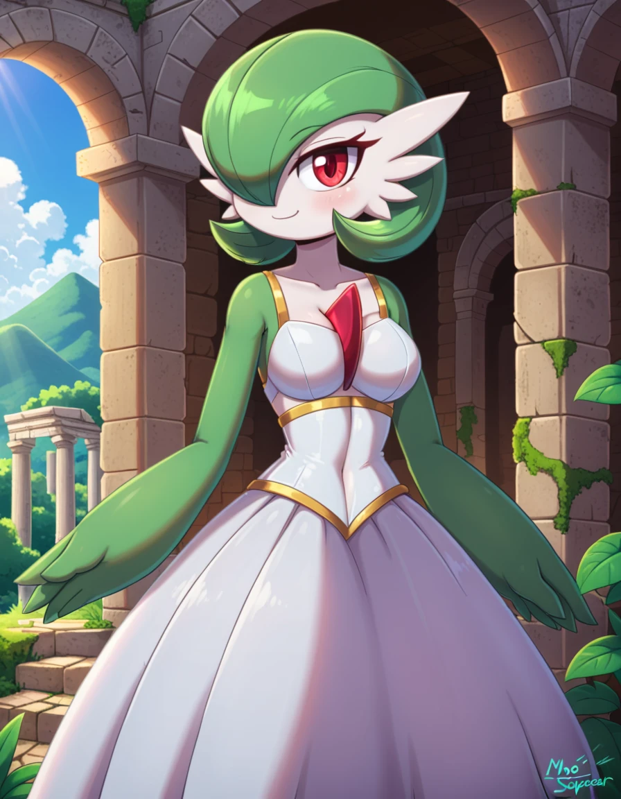 gardevoir, solo, female, hair over one eye, red eyes, green hair, green arms, white ball gown, white skin, :3, looking at viewer, ancient ruins, moss, three-quarter portrait, BREAK,
sunbeam, by ken sugimori, (by miso souperstar:0.5), (3d:0.6), depth of field, detailed, high quality, best quality