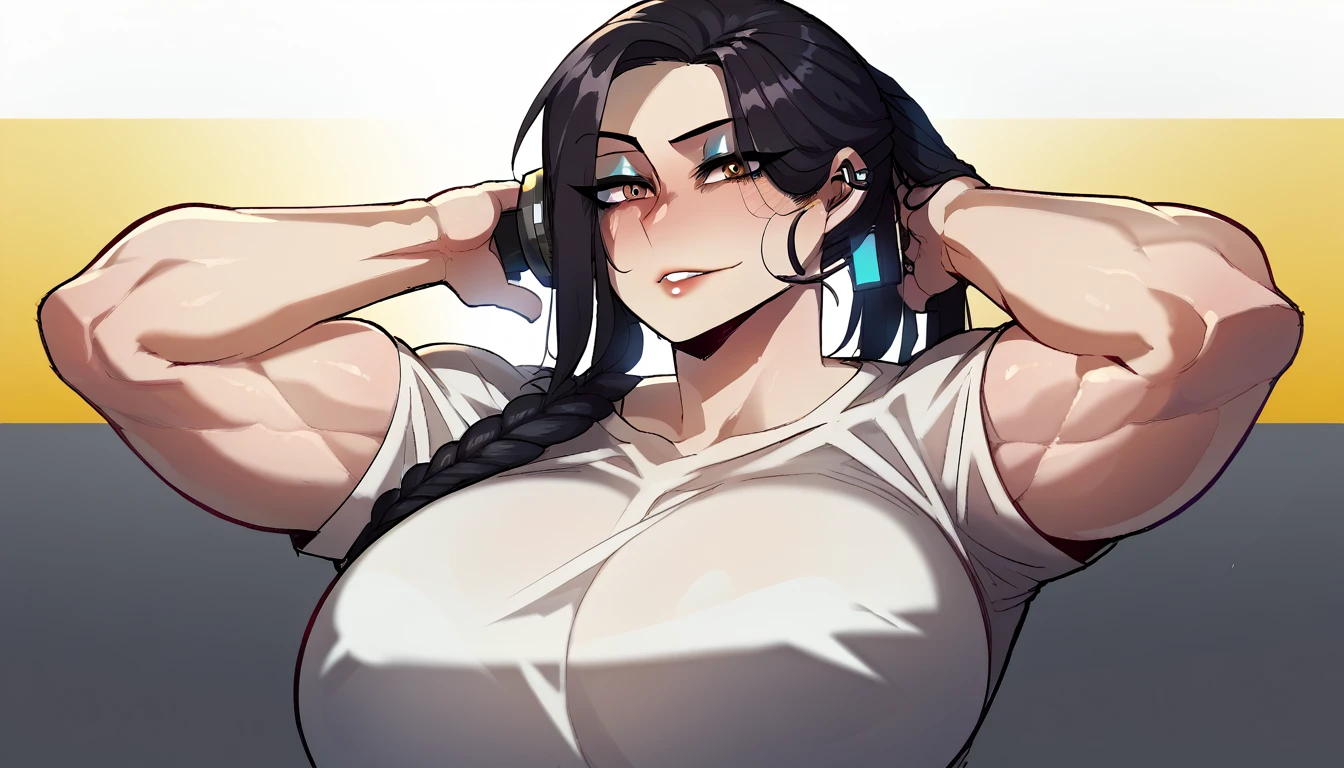 score_9, score_8_up, score_7_up, score_6_up, score_5_up, score_4_up, BREAK 1girl, ((muscular body:1)), intricate, white t-shirt, (eyeliner:1.2), looking at viewer, long hairstyle, black hair, jewelry, detailed background,huge breasts (masterpiece, high quality:1), upper body focus, youtuber, moistcr1tikal (streamer), penguinz0 (youtuber), white earphone on single ear, gamer background