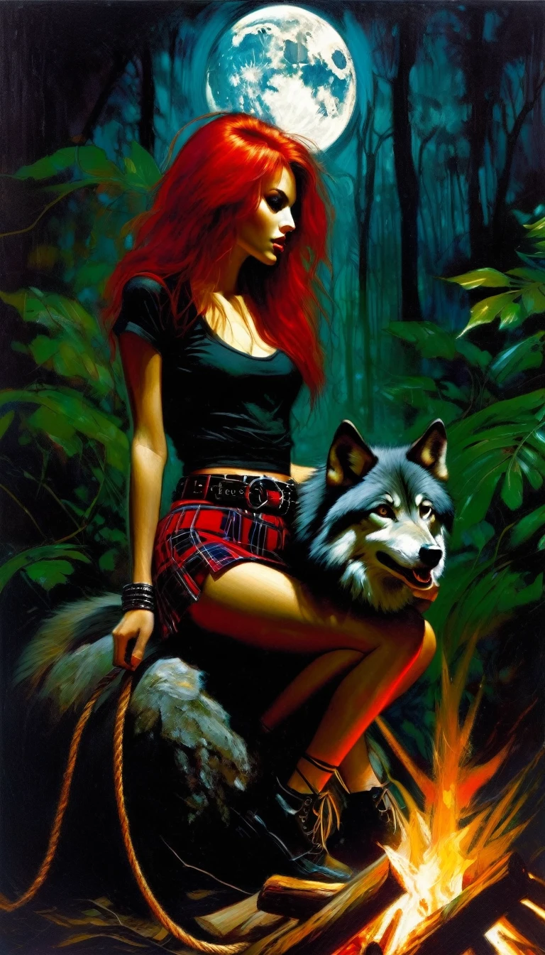 girl and her pet wolf, sexy girl, long red hair, punk look, plaid miniskirt, rope belt, tight t-shirt, sitting next to a bonfire, magic, fantastic, night sky, moon, stars, background, in a thick jungle, oil painting, chiaroscuro, lighting sensual and dramatic, moody atmosphere, dark and melancholic, expressionistic, powerful composition, emotional impact, art inspired by Bill Sienkiewicz