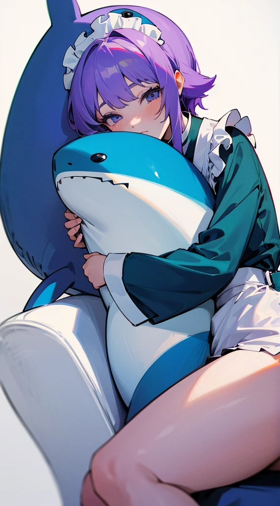 Top Quality, 8K, 4K, High Definition, Detail, (better-quality, 8K, 12), top-quality, 1 girl, purple short, sit down, hugs a shark pillow, wearing a shark PJ, wearing a maid outfit,
