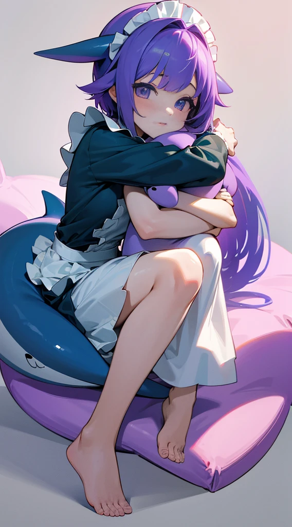 Top Quality, 8K, 4K, High Definition, Detail, (better-quality, 8K, 12), top-quality, 1 girl, purple short, sit down, hugs a shark pillow, wearing a shark PJ, wearing a maid outfit,
