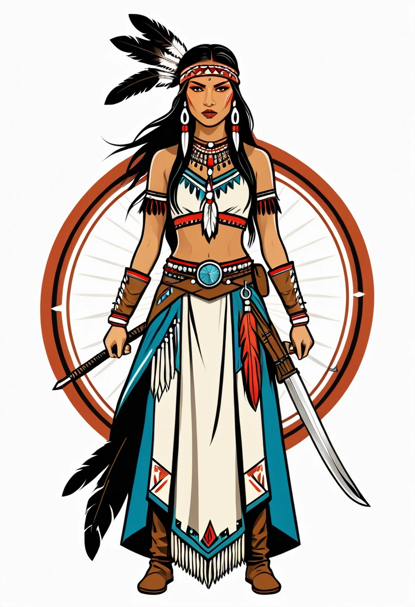 female assassin in native american folk costume ,Vector graphics, strong outlines, white background, logo design