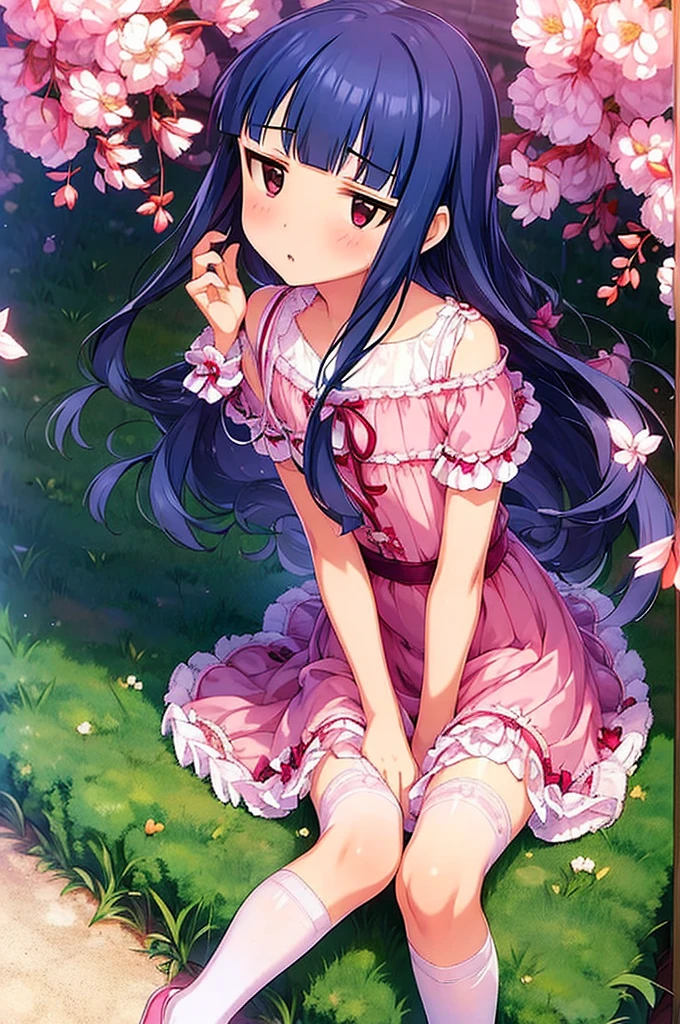 yukimi, .,long hair, blunt bangs, flat chest, (expressionless:1.1),
pink silk sundress, , miniskirt, off shoulder, , frills, detailed embroidery, thighhighs, , bow, spread legs, sitting,open legs,(((panties)))
