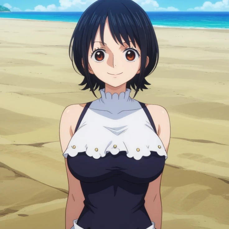 score_9, score_8_up, score_7_up, best quality, masterpiece, source_anime, anime screencap, one_piece_wano_style, clear face, 1girl, solo, black hair, short hair, brown eyes, large breasts, bodysuit white, one-piece dress, black mini skirt, clevage, outdoor, smile, looking at viewer, upper body 