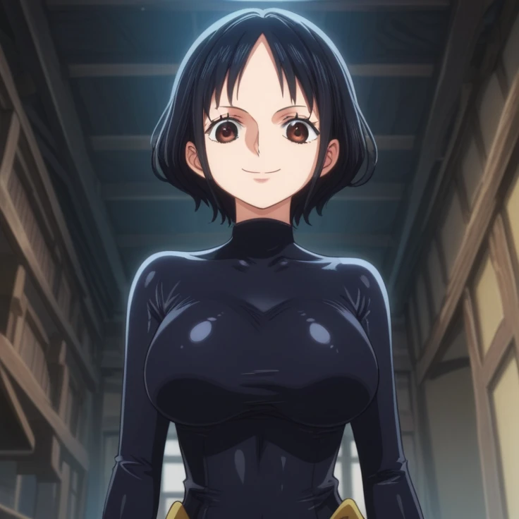 score_9, score_8_up, score_7_up, best quality, masterpiece, source_anime, anime screencap, one_piece_wano_style, clear face, 1girl, solo, black hair, short hair, brown eyes, large breasts, bodysuit white, one-piece dress, black mini skirt, clevage, outdoor, smile, looking at viewer, upper body