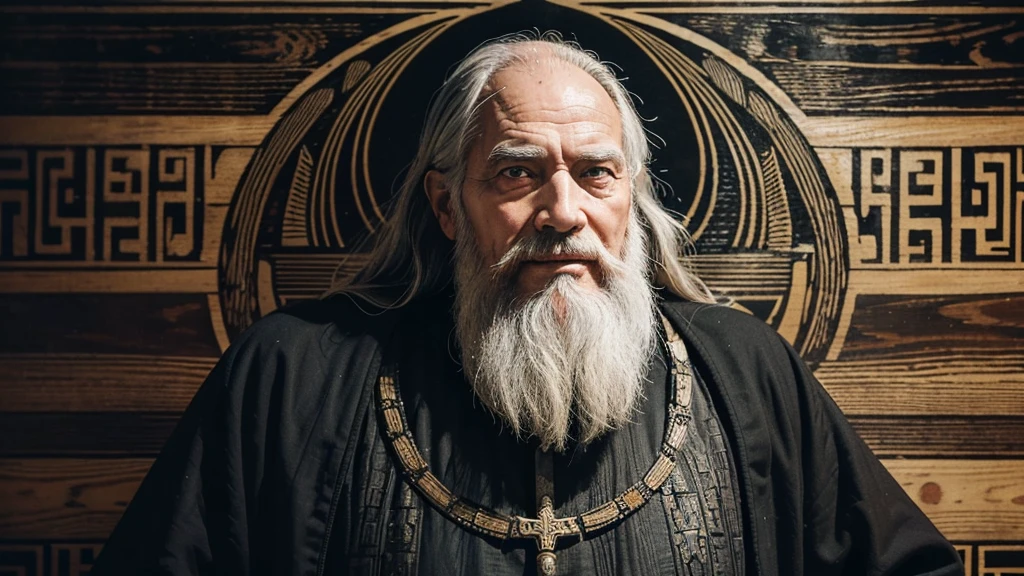 An old man with a long, straight beard, wearing a black tunic, depicted in a woodcut illustration style with realistic colors. The man is shown revealing the deepest parts of his soul, surrounded by elements of torment and joy. The background features a labyrinth, symbolizing his endless search for answers, and a subtle divine presence illuminating his path, representing the eternal truth.