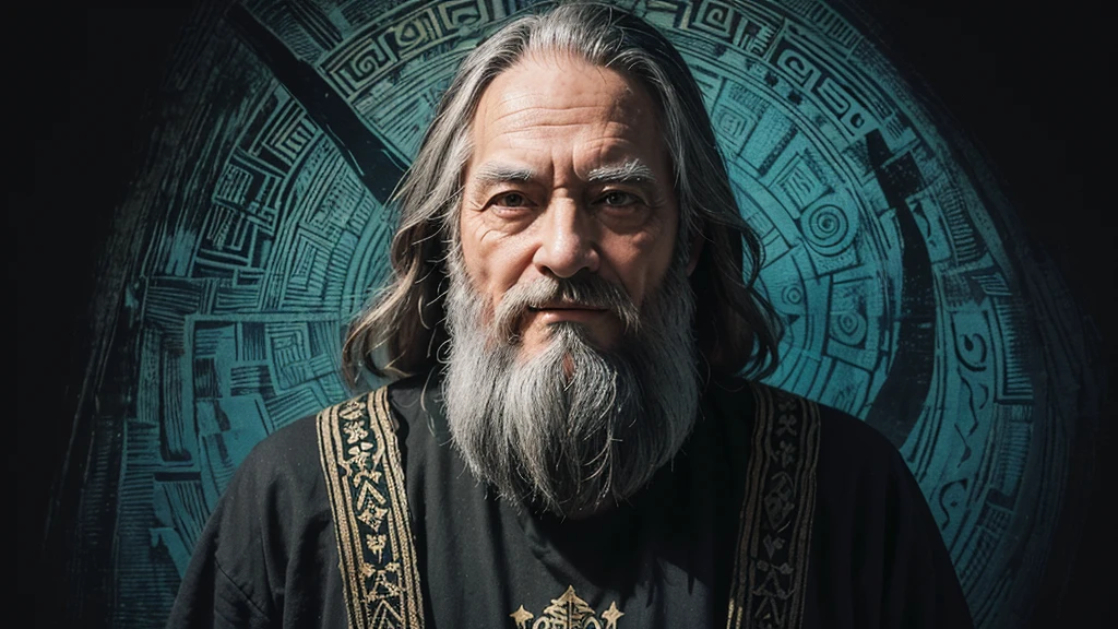 An old man with a long, straight beard, wearing a black tunic, depicted in a woodcut illustration style with realistic colors. The man is shown revealing the deepest parts of his soul, surrounded by elements of torment and joy. The background features a labyrinth, symbolizing his endless search for answers, and a subtle divine presence illuminating his path, representing the eternal truth.