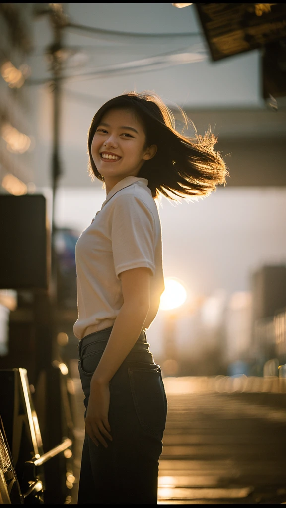 1 girl, 20 years old, (laughing:0.7), posing, look at a camera, complex city background, backlit, (cinematic:1.5), hyperdetailed, insane details, intricate details, accent lighting, soft volumetric light, bokeh, (dramatic light:1.2), (neutral colors:1.3), cross process