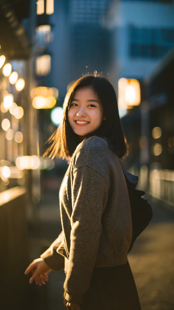 1 girl, 20 years old, (laughing:0.7), posing, look at a camera, complex city background, backlit, (cinematic:1.5), hyperdetailed, insane details, intricate details, accent lighting, soft volumetric light, bokeh, (dramatic light:1.2), (neutral colors:1.3), cross process