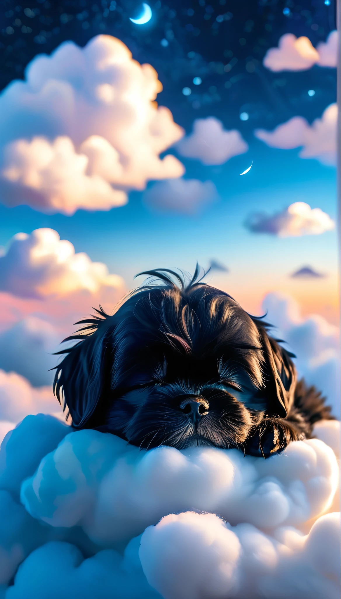 ((perfect face)), ((best quality)),UHD, 4k, Wallpaper, high quality photography, portrait of adorable black shih tzu puppy sleeping on cloud ADDCOMM night sky, blue sky ADDROW sleeping black shih tzu puppy, tusun, 3D Pixar style, tusuncub ADDROW Soft clouds, (white cloud:1.6)