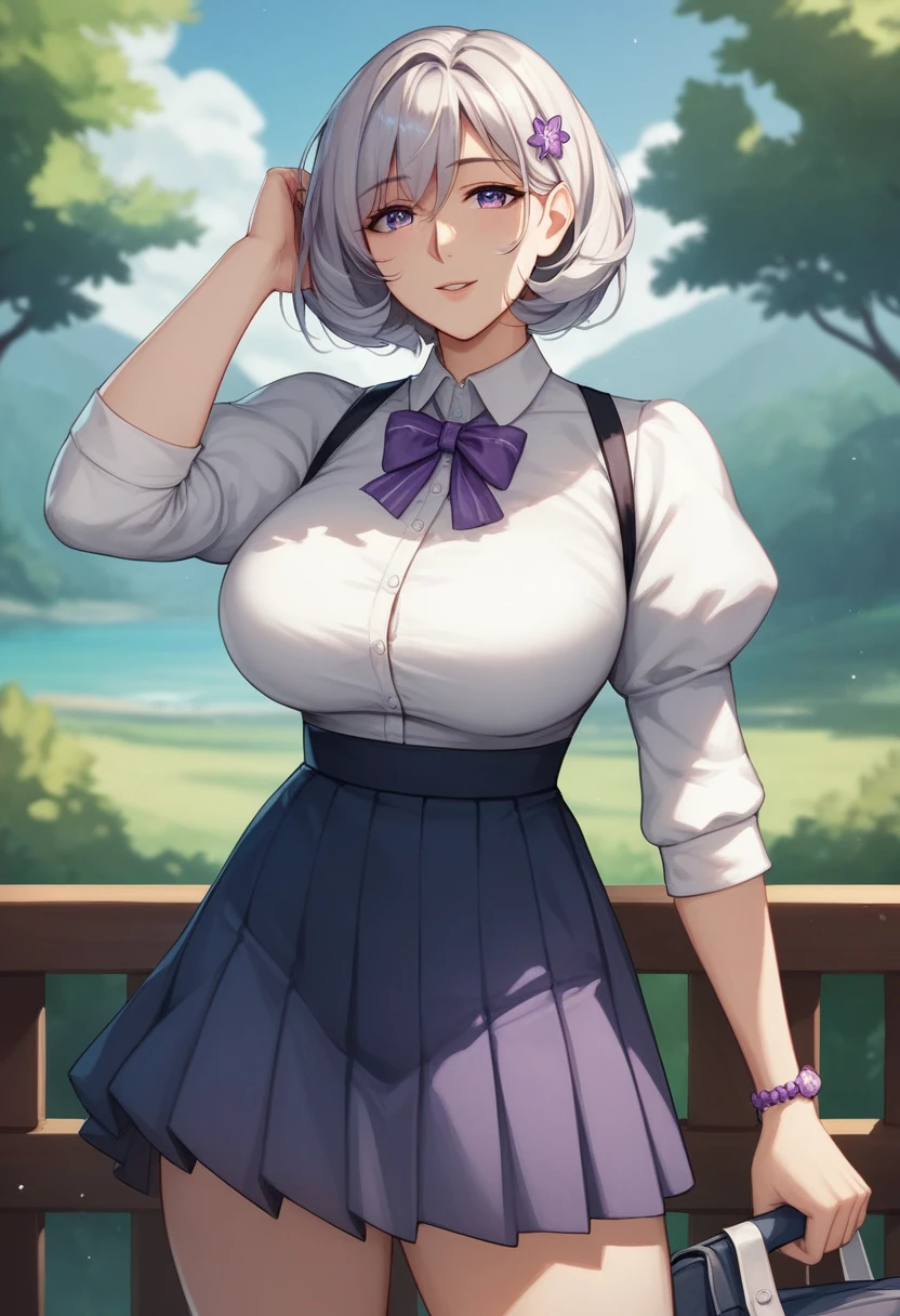 (masterpiece, best quality:1.2)((silver white hair))((violet eyes)),solo,1girl,((eyes tilted outwards)), ((close up photo)), foxgirl, mature_female, milf,averting_eyes,hair_between_eyes,basic_blue_hairpin,short_hair, bob_hair, casual_clothing, puffy_sleeves, girly_clothes, pleated_skirt