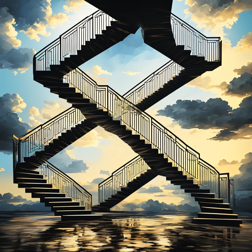 oil painting style geometric staircase made with a door at the end, seen from a side angle, cloud texture, oil painting style, cloud tones