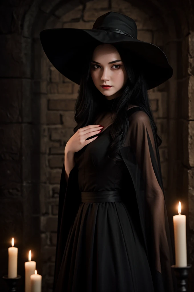 ((best quality)), ((masterpiece)), (detailed), ((terror)) dark drunk young evil witch woman with pale white skin, long black hair, hiding her face with a black hat, evil features, with a blooming glow in red color coming out of her eyes. with a black long dress and a long black skirt, holding this same skirt by the ends, wearing a transparent black cape. candlelit dungeon backdrop.