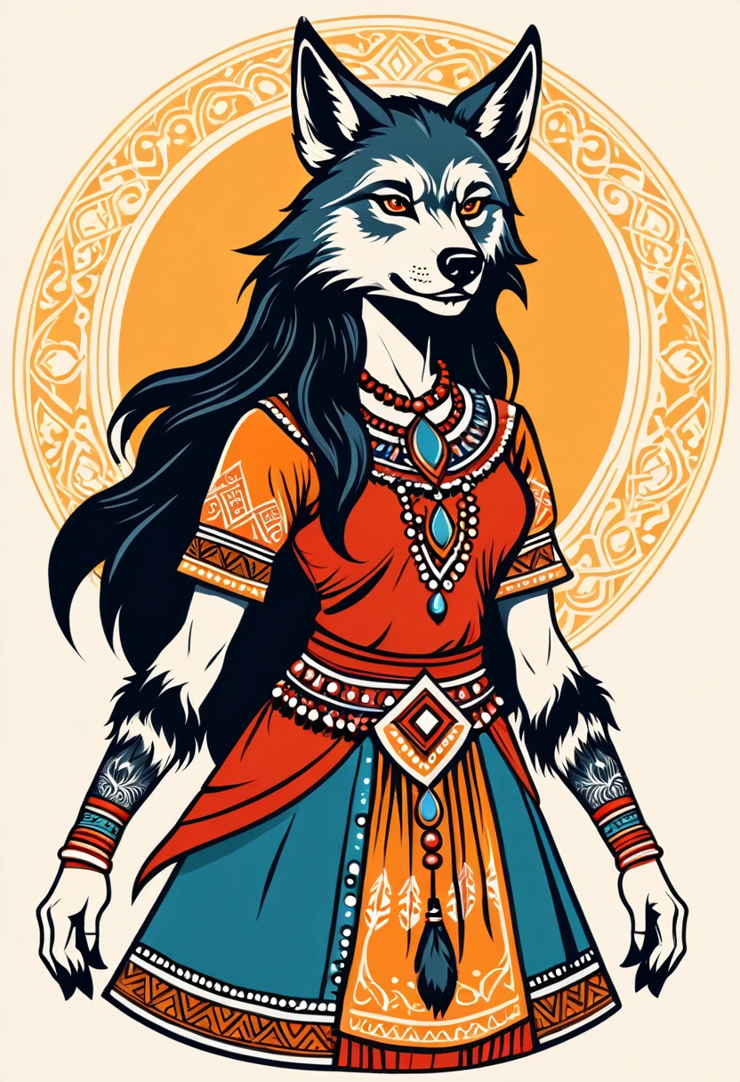 female werewolf in indian folk costume, Vector graphics, strong outlines, logo design