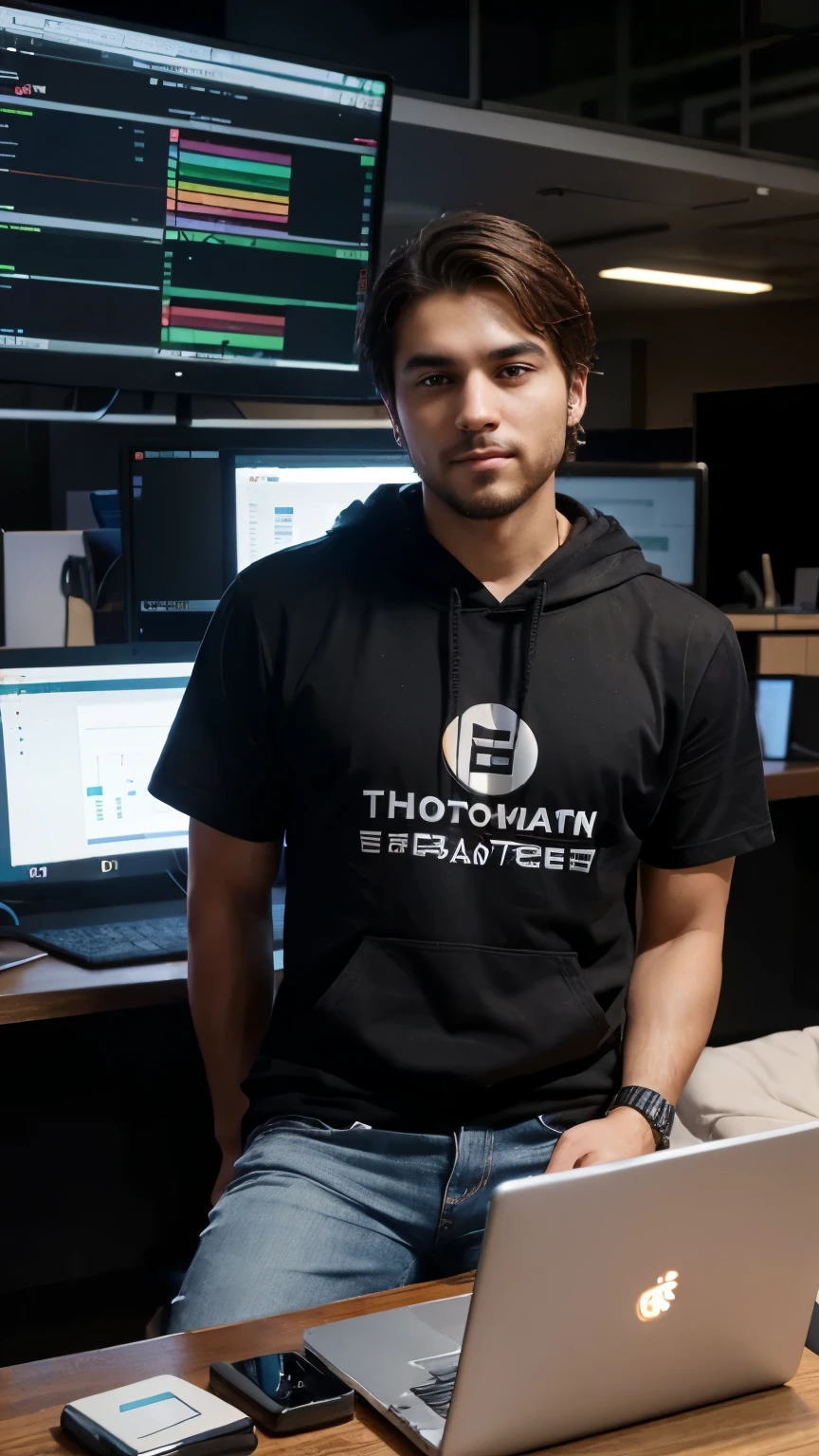 "A young, modern Turkish male cryptocurrency trader in his 20s. Short, well-groomed hair, lightly bearded, and a fit physique. Casual daily attire (t-shirt and jeans or hoodie and sneakers). The t-shirt prominently features the text 'TRADER KAYA' in large letters. Eyes filled with determination and intelligence. In a modern home office setup, surrounded by a laptop, monitors displaying cryptocurrency charts, a coffee cup, and a few books. Trades on exchanges like Binance and Coinbase, uses analysis tools like TradingView and CoinMarketCap, and prefers secure wallets like Ledger and Trezor. Favorite cryptocurrencies include Bitcoin, Ethereum, Ripple, and Litecoin. Conducts technical and fundamental analysis, monitors market sentiment. Diversifies his portfolio, uses stop-loss and take-profit orders. Has short-term profit goals and long-term financial independence aspirations."