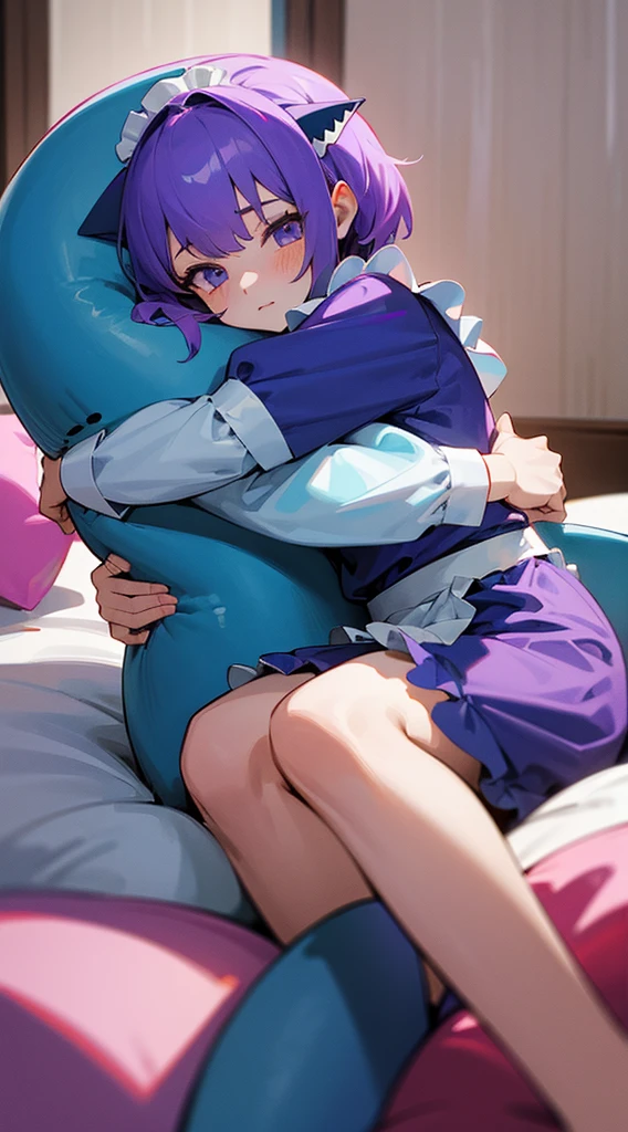 Top Quality, 8K, 4K, High Definition, Detail, (better-quality, 8K, 12), top-quality, 1 girl, purple short, sit down, hugs a shark pillow, wearing a shark PJ, wearing a maid outfit,