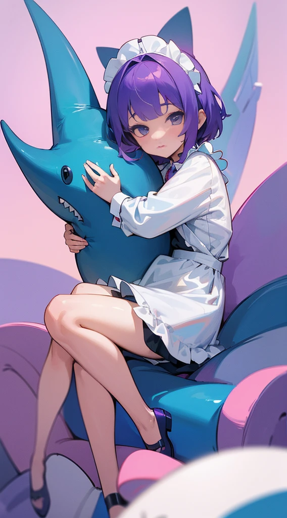 Top Quality, 8K, 4K, High Definition, Detail, (better-quality, 8K, 12), top-quality, 1 girl, purple short, sit down, hugs a shark pillow, wearing a shark PJ, wearing a maid outfit,