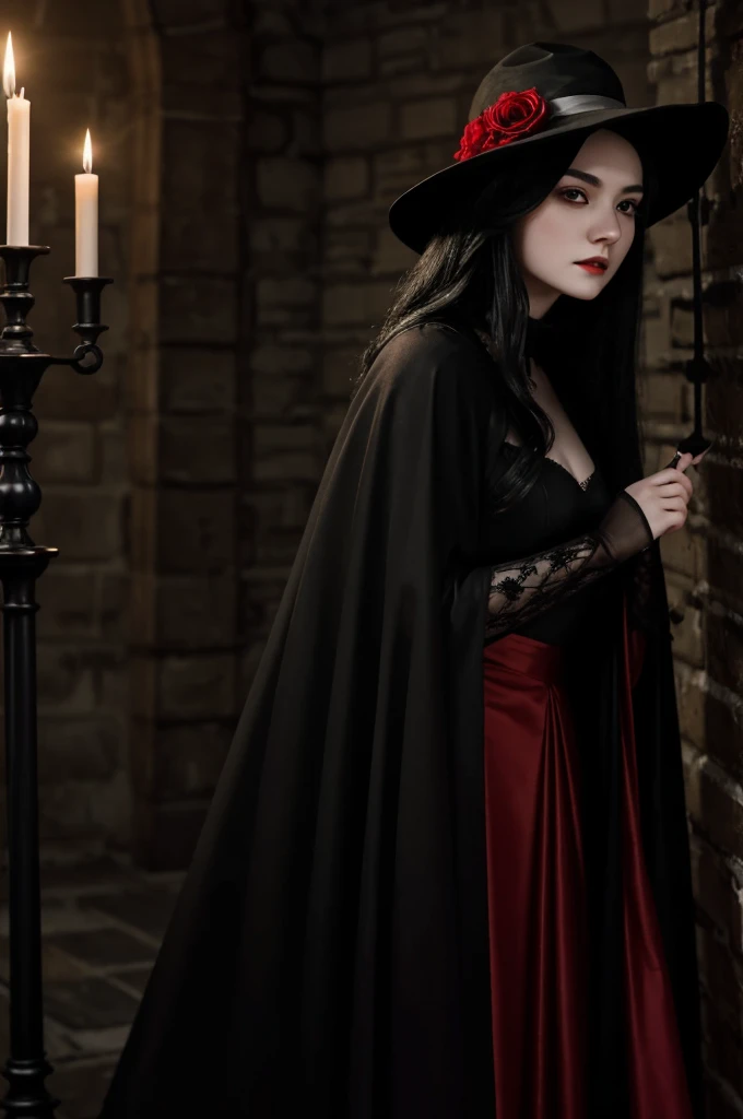 ((best quality)), ((masterpiece)), (detailed), ((terror)) dark drunk young evil witch woman with pale white skin, long black hair, hiding her face with a black hat, evil features, with a blooming glow in red color coming out of her eyes. with a black long dress and a long black skirt, holding this same skirt by the ends, wearing a transparent black cape. candlelit dungeon backdrop.