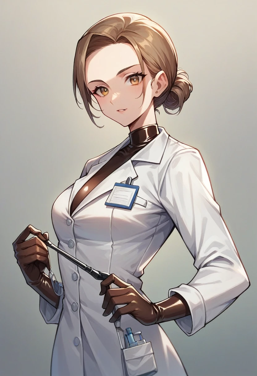 1girl, ((brown elbow gloves)), ((surgical gloves)), ((latex gloves)), ((long sleeves)) ((white surgeon outfit)), looking at viewer, ((white doctor outfit)), standing, solo
