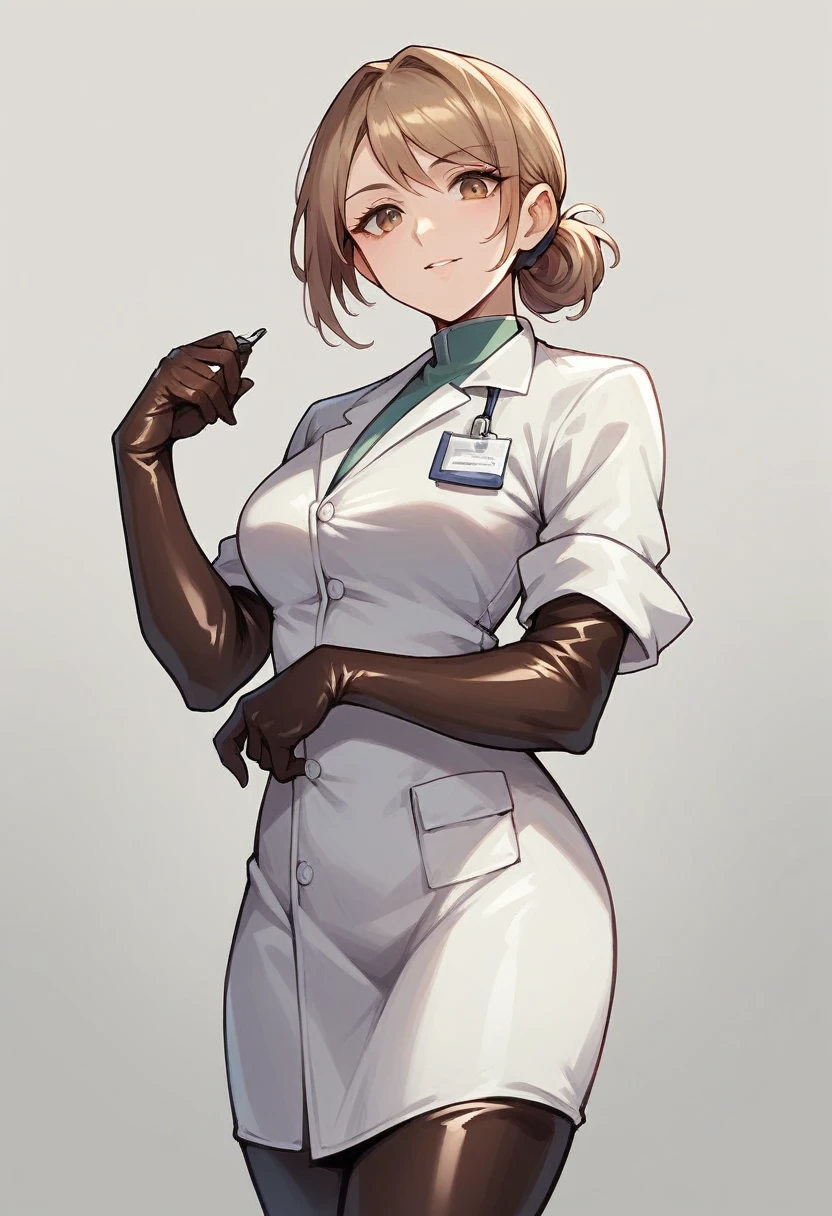 1girl, ((brown elbow gloves)), ((surgical gloves)), ((latex gloves)), ((long sleeves)) ((white surgeon outfit)), looking at viewer, ((white doctor outfit)), standing, solo