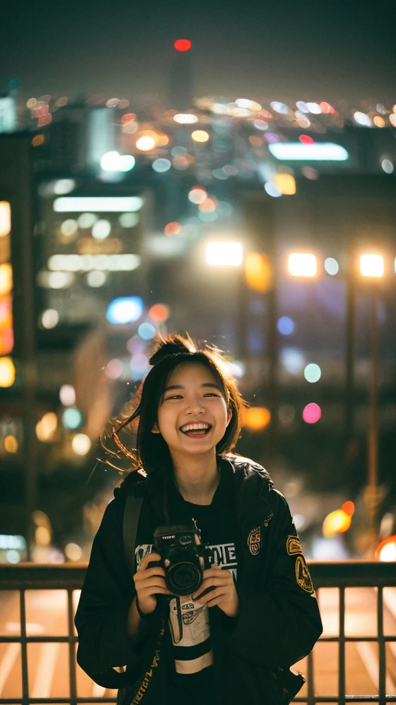masterpiece, 1girl, 20 years old, japanese, (laughing:0.7), posing, look at a camera, complex city background, backlit, (cinematic:1.5), hyperdetailed, insane details, intricate details, accent lighting, soft volumetric light, bokeh, (dramatic light:1.2), (neutral colors:1.3), cross process