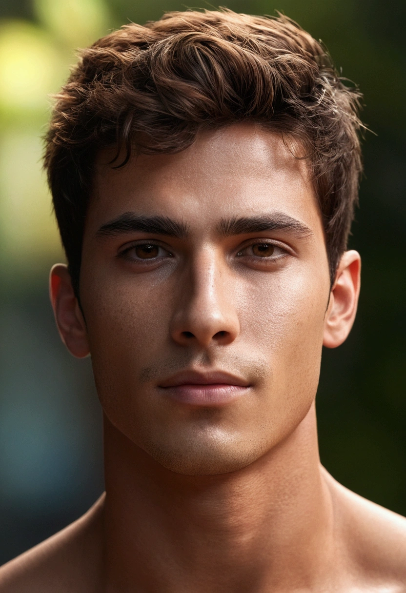 Cinematic soft lighting illuminates a beautiful Brazilian male model with stunning and ultra-realistic details，Foto de corpo inteiro da frente，olhar bonito，messy short brown hair，olhos claros de mel，Sorriso encantador perfeito，Criado sexy，Homem quente，insanamente bonita，That's the trend of ArtStation。Octane is the perfect tool to capture the softest details of this 16k photographic masterpiece。fully body image, showing abs