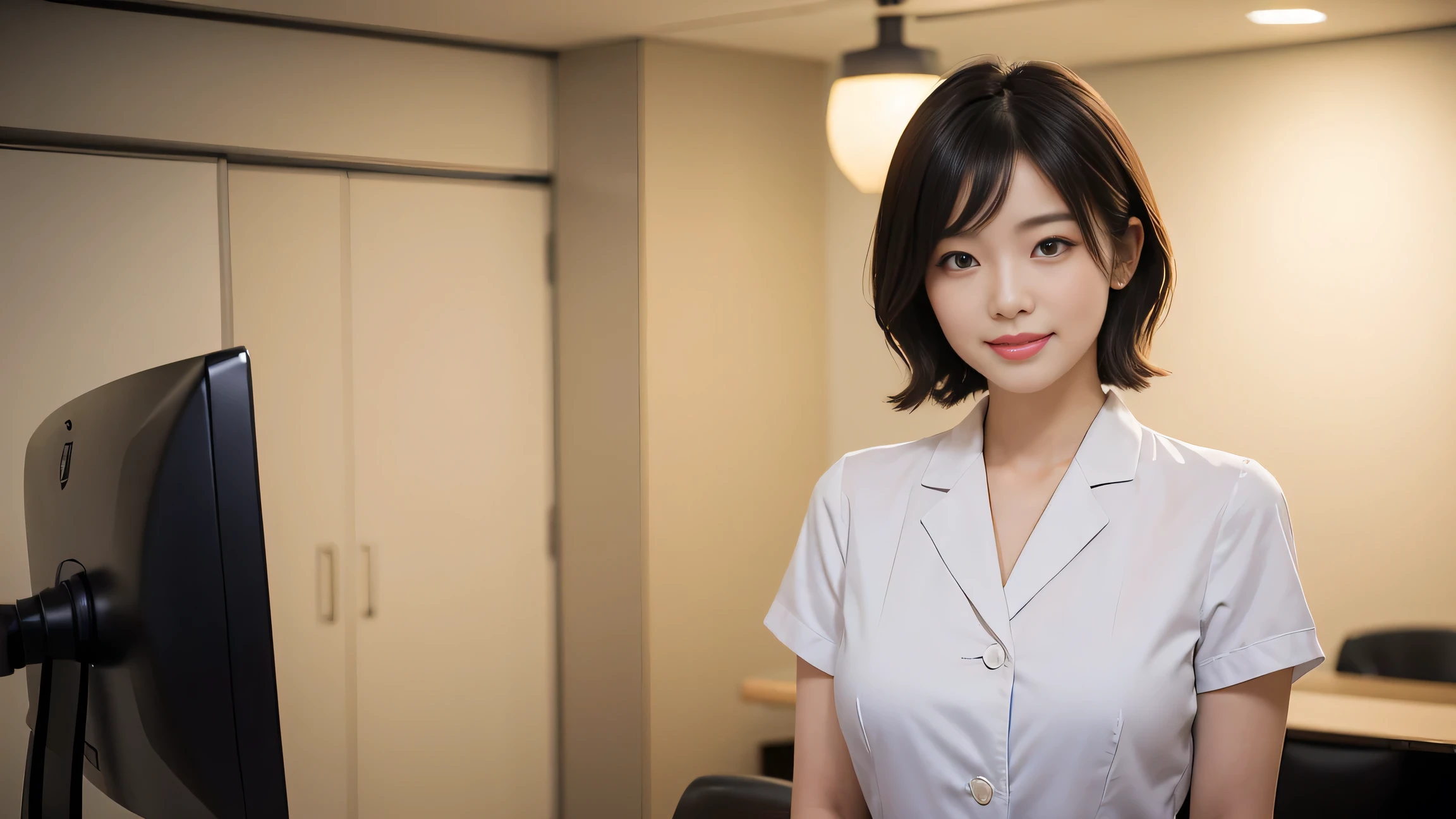 Create a beautiful Japanese female dental hygienist with a seductive smile。She was wearing a tight dental hygienist uniform.、Emphasizing professionalism and charm。Her hair was neatly tied up.、She has an elegant look with her short hair style.。The background is a softly blurred dental clinic、The warm lighting highlights her features.。The makeup is perfect、Particular emphasis is placed on the eyes and lips to bring out her charm.。Confident、She has a slightly mysterious look、Elegance、charm、And it creates a professional atmosphere.。The uniform fits her body perfectly.、Show off your curves but still look polished and professional。makes her silhouette look elegant、Make sure to highlight her style。