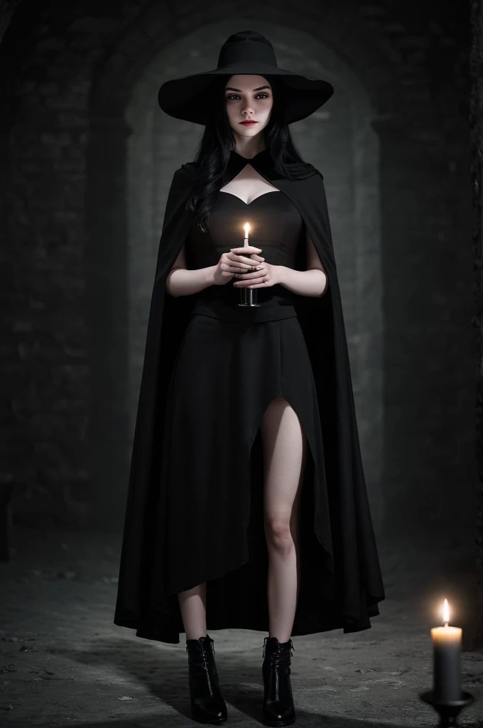 ((best quality)), ((masterpiece)), (detailed), ((terror)) dark drunk young evil witch woman with pale white skin, long black hair, hiding her face with a black hat. with a black long dress and a long black skirt, holding this same skirt by the ends, wearing a transparent black cape. candlelit dungeon backdrop.