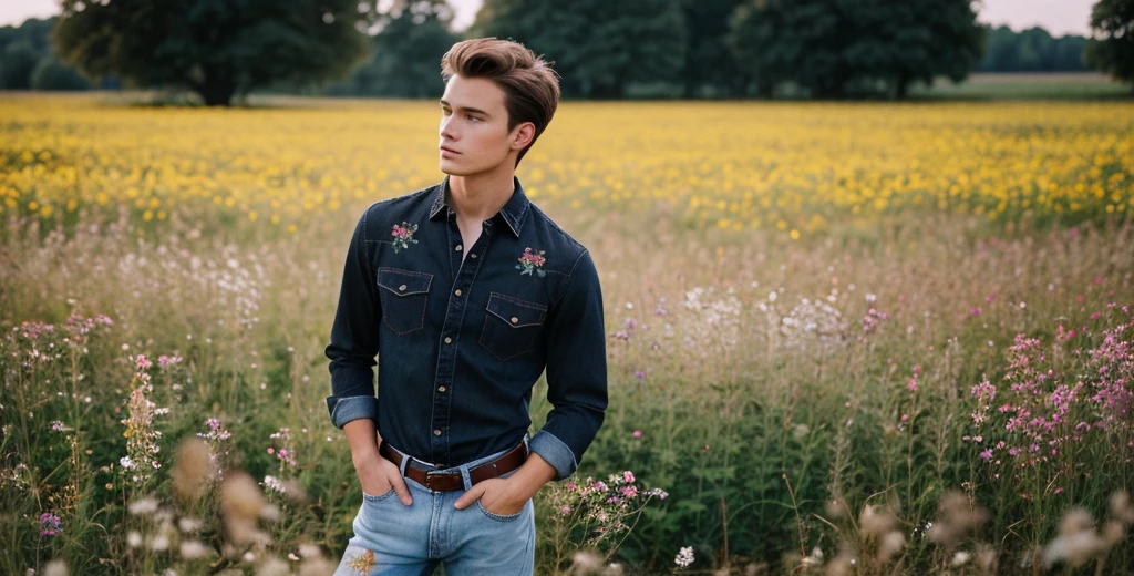 a photo of 1 man, 20 years old, broad shoulders, athletic build, shoulder length medium brown hair with a side part, wearing a black long sleeve denim shirt with floral embroidery on it, and black jeans, standing in a field of flowers, shot with vintage 35mm camera ((photorealistic):1.2), raw