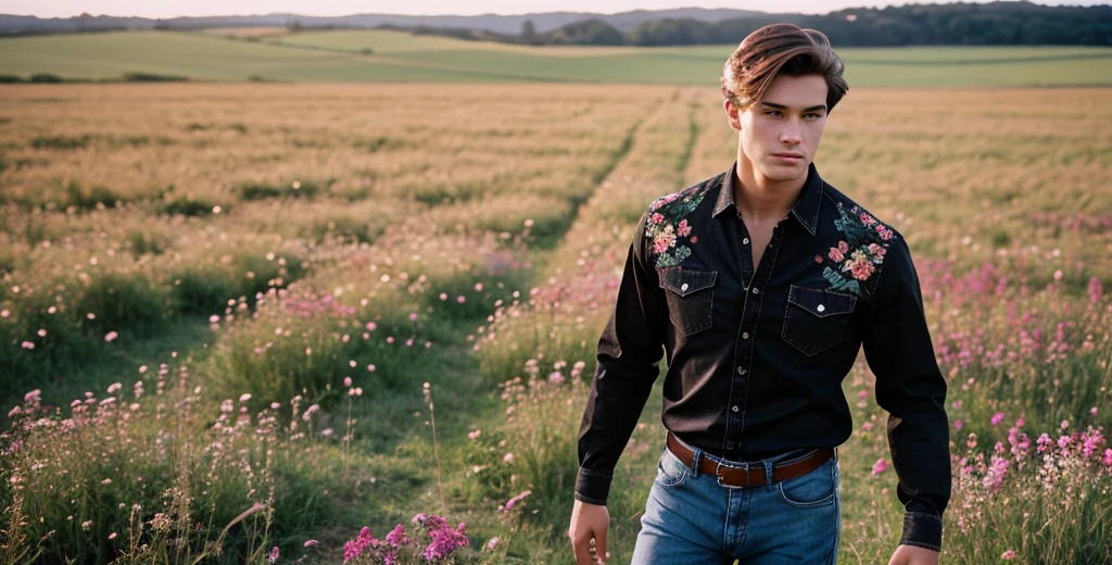 a photo of 1 man, 20 years old, broad shoulders, athletic build, shoulder length medium brown hair with a side part, wearing a black long sleeve denim shirt with floral embroidery on it, and black jeans, standing in a field of flowers, shot with vintage 35mm camera ((photorealistic):1.2), raw