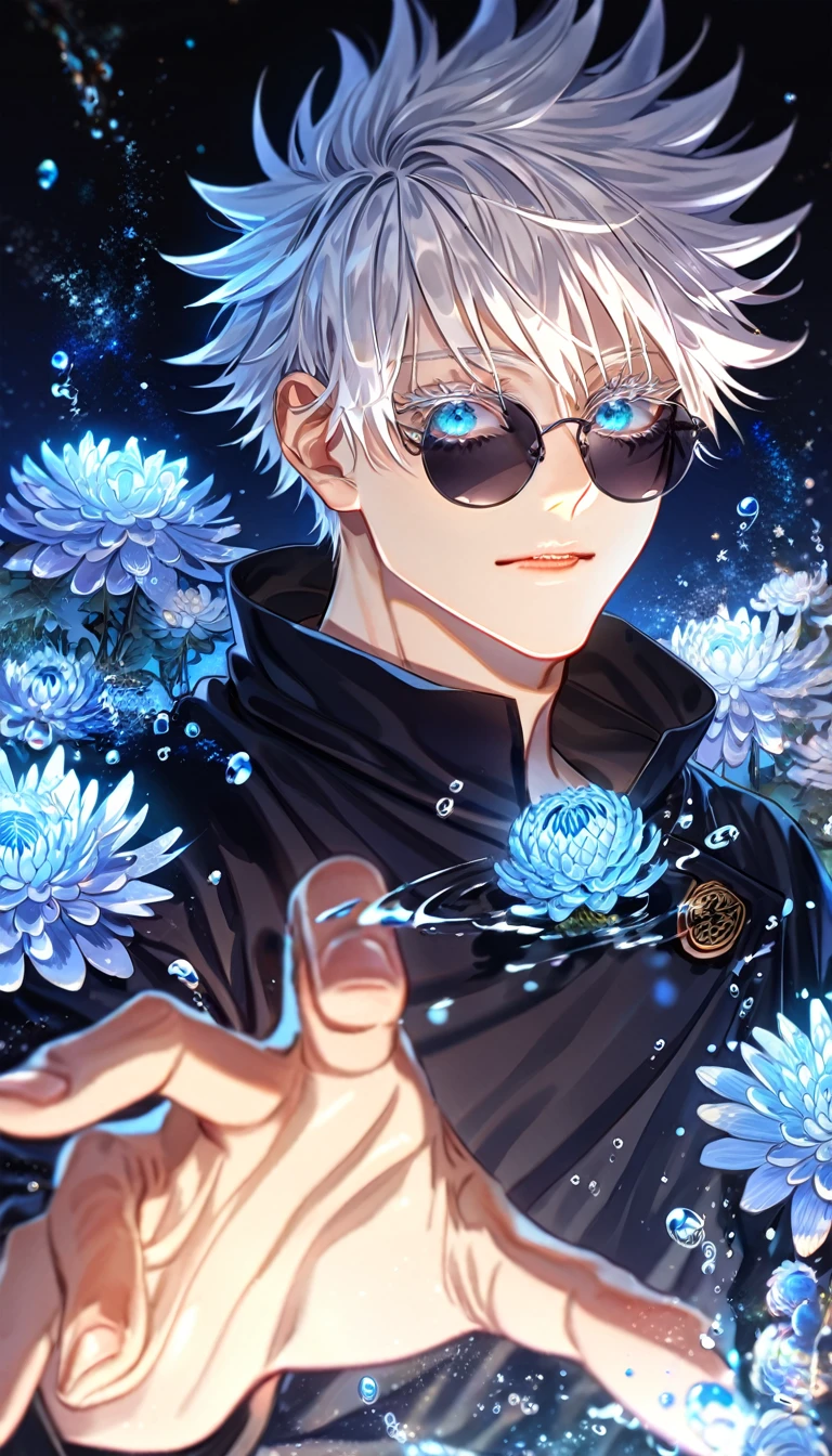 absurdres, highres, ultra detailed, HDR, master piece, best quality, extremely detailed, Gojou Satoru, white hair, black round sunglasses, expressive blue eyes, white eyelashes, Jujutsu Kaisen, solo, sexy man, handsome, jujutsu uniform, black shirt, black pants, fantasy, water, sparkling, blue glittering fireflies, blue moon, blue blossoms, blue chrysanthemums, blue sparkling lights, starry sky, magical