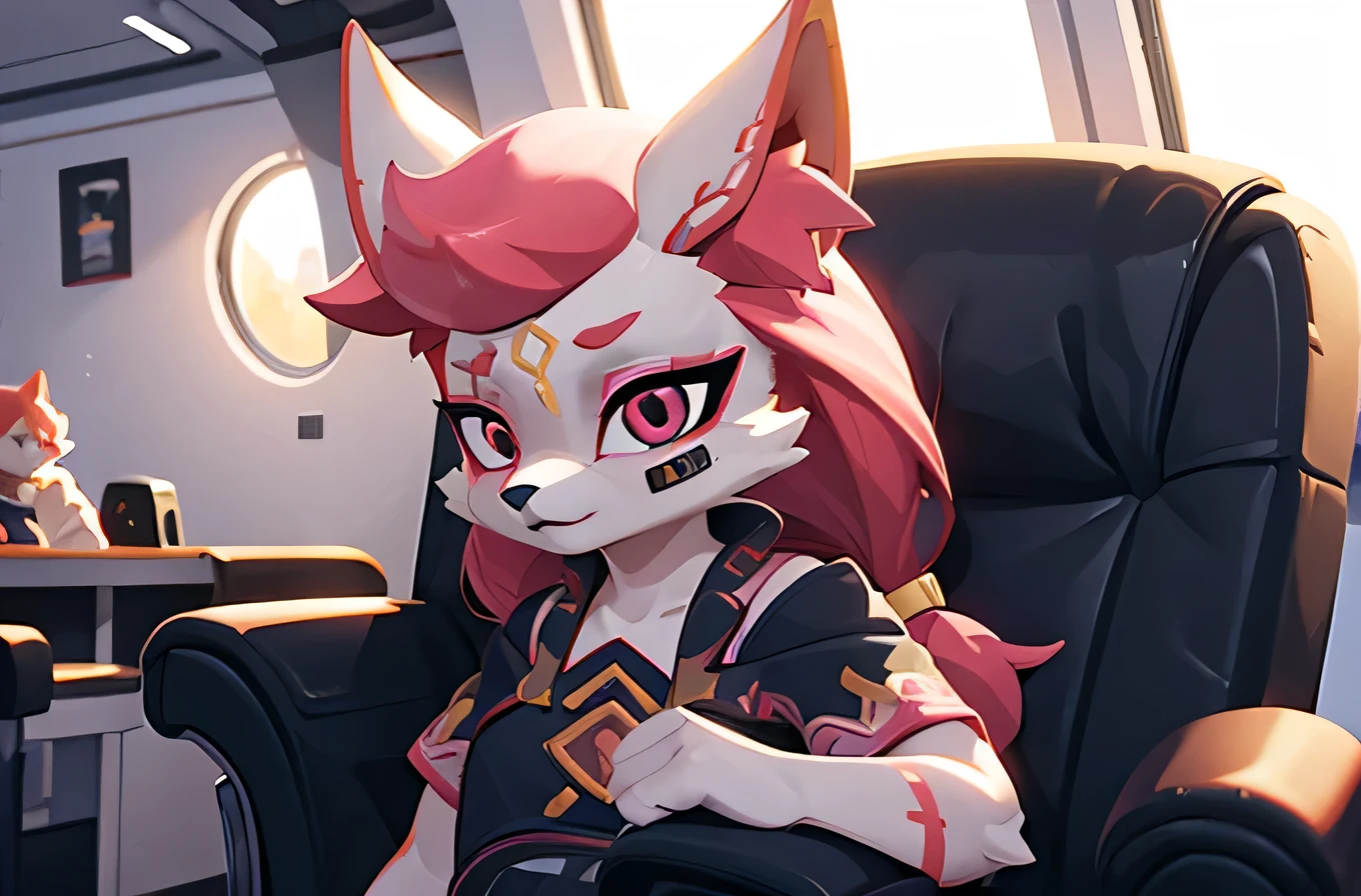 kimiko, furry female anthro, fox girl, white body fur, Pink hair, solo, body fur, (best quality), cinematic lighting, masterpiece, perfect hair, in airplane, sitting in an armchair by the window