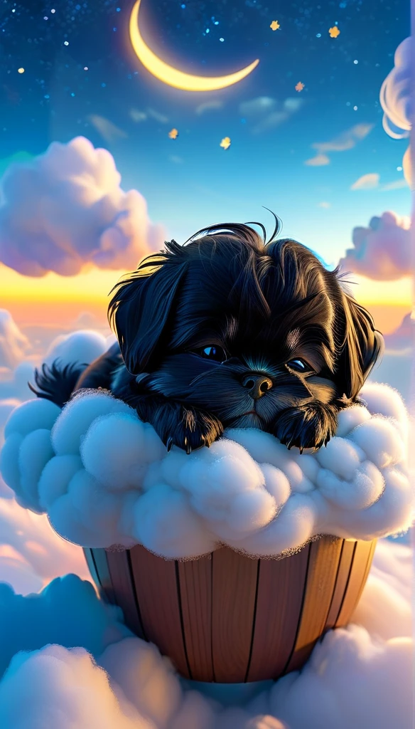 Adorable black shihtzu puppy is curled up and sleeping、Above the Clouds、night、Character Style、3D Pixar style