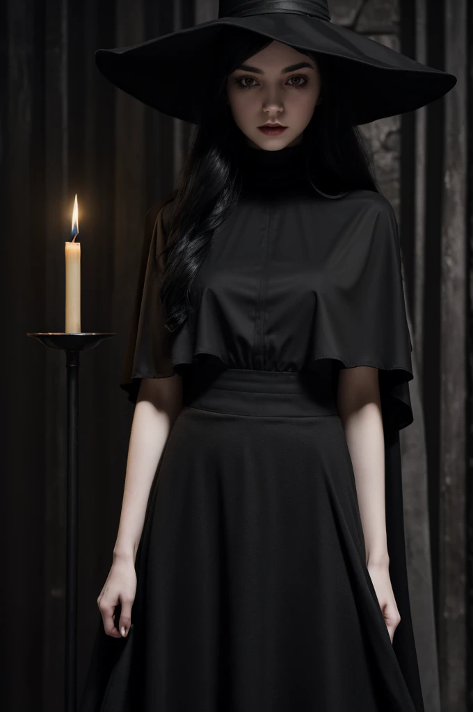 ((best quality)), ((masterpiece)), (detailed), ((terror)) dark drunk young evil witch woman with pale white skin, long black hair, faceless,
hiding her face with a black hat. with a black long dress and a long black skirt, holding this same skirt by the ends, wearing a transparent black cape. candlelit dungeon backdrop.