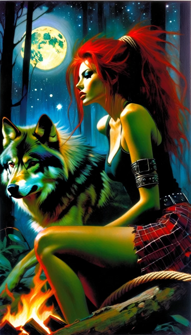 girl and her pet wolf, sexy girl, long red hair, punk look, plaid miniskirt, rope belt, tight t-shirt, sitting next to a bonfire, magic, fantastic, night sky, moon, stars, background, in a thick jungle, oil painting, chiaroscuro, lighting sensual and dramatic, moody atmosphere, dark and melancholic, expressionistic, powerful composition, emotional impact, art inspired by Bill Sienkiewicz